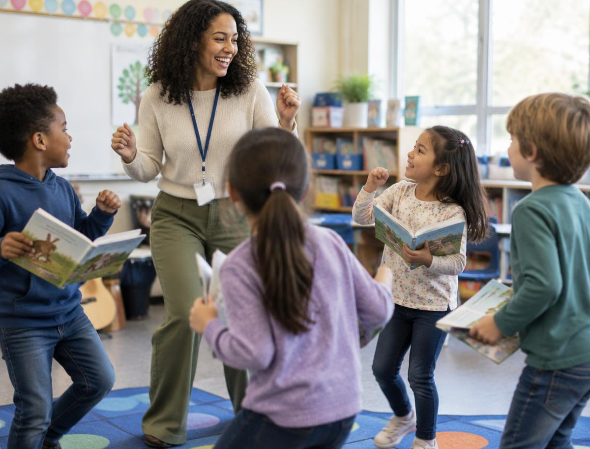 A tutor leading an energetic reading lesson with music and movement